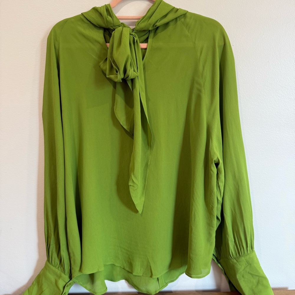 Zara | Green Flowy Satin Drape Long Sleeve Blouse - Picture 15 of 16